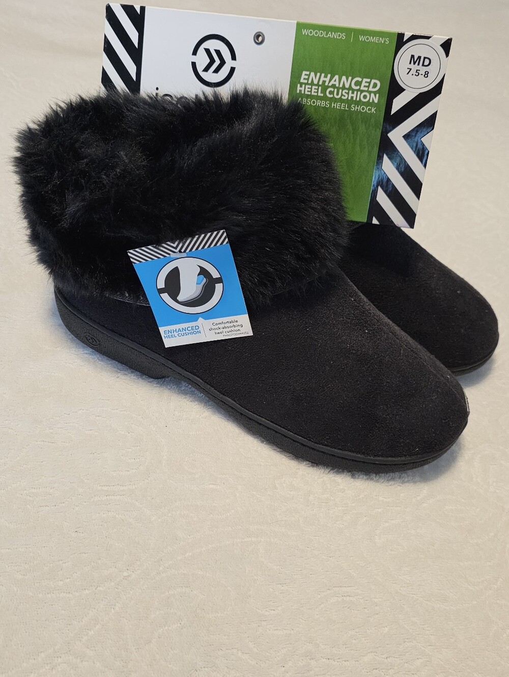 Isotoner Woodlands Women's Bootie Slippers Black Faux Fur Size MD 7.5-8 NWT